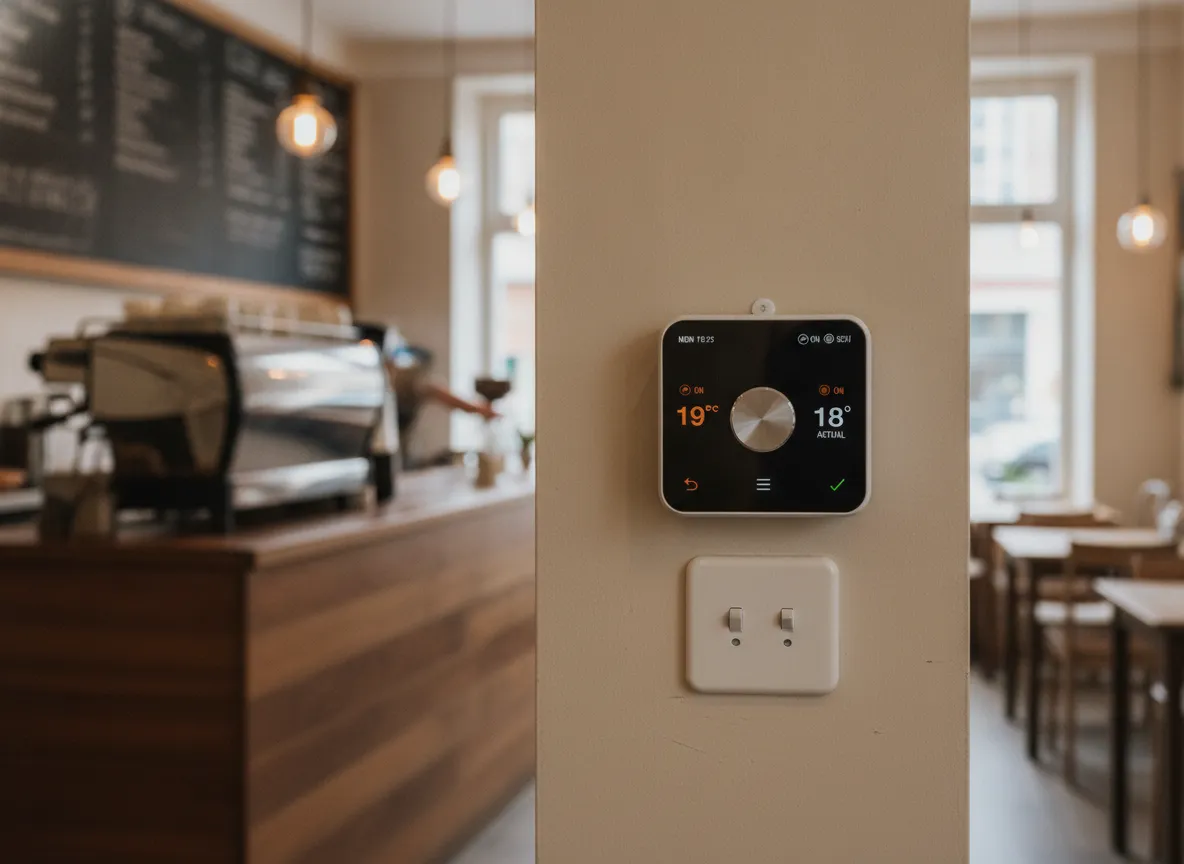 A Hive smart thermostat on a wall inside a café