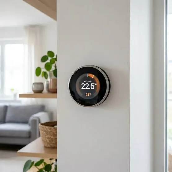 A smart thermostat showing 22.5°C on a living-room wall